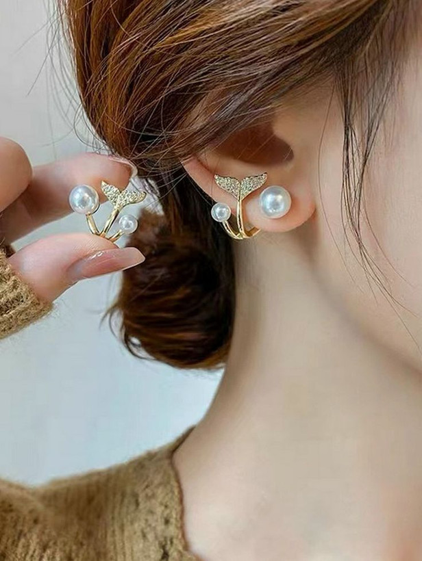 گوشواره دوکاره مرواریدی طرح برگ و دم وال | ظریف، شیک و ضد حساسیت