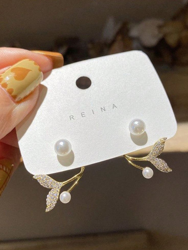 گوشواره دوکاره مرواریدی طرح برگ و دم وال | ظریف، شیک و ضد حساسیت