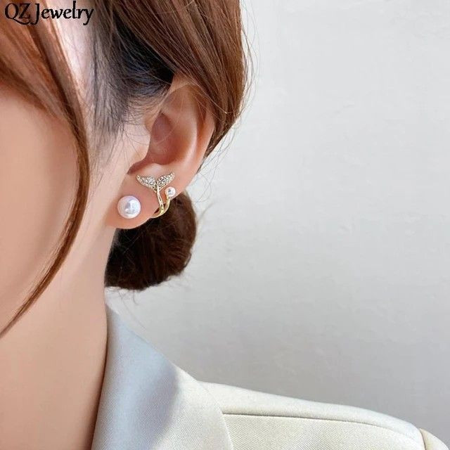 گوشواره دوکاره مرواریدی طرح برگ و دم وال | ظریف، شیک و ضد حساسیت