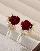 گوشواره زنانه مخمل طرح گل رز مرواریدی رنگ ثابت پینترستی کد ۰۲