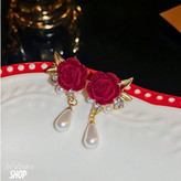 گوشواره زنانه مخمل طرح گل رز مرواریدی رنگ ثابت پینترستی کد ۰۲